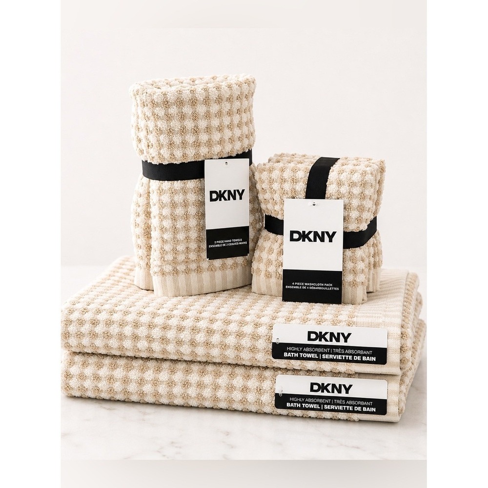DKNY Beige & White Gingham Check 8-Piece Waffle-Textured Towel Set Cotton